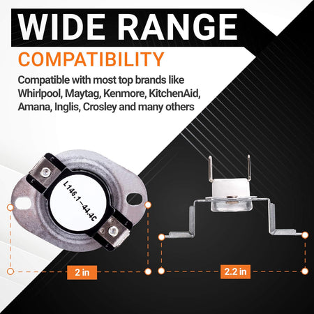 Infographic showing dimensions and compatibility for 279973 dryer thermal cut-off fuse kit.