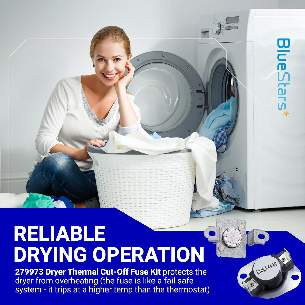 279973 Dryer Thermal Cut-Off Fuse Kit promotional graphic showing a woman with laundry and two fuse components