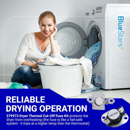 279973 Dryer Thermal Cut-Off Fuse Kit promotional graphic showing a woman with laundry and two fuse components