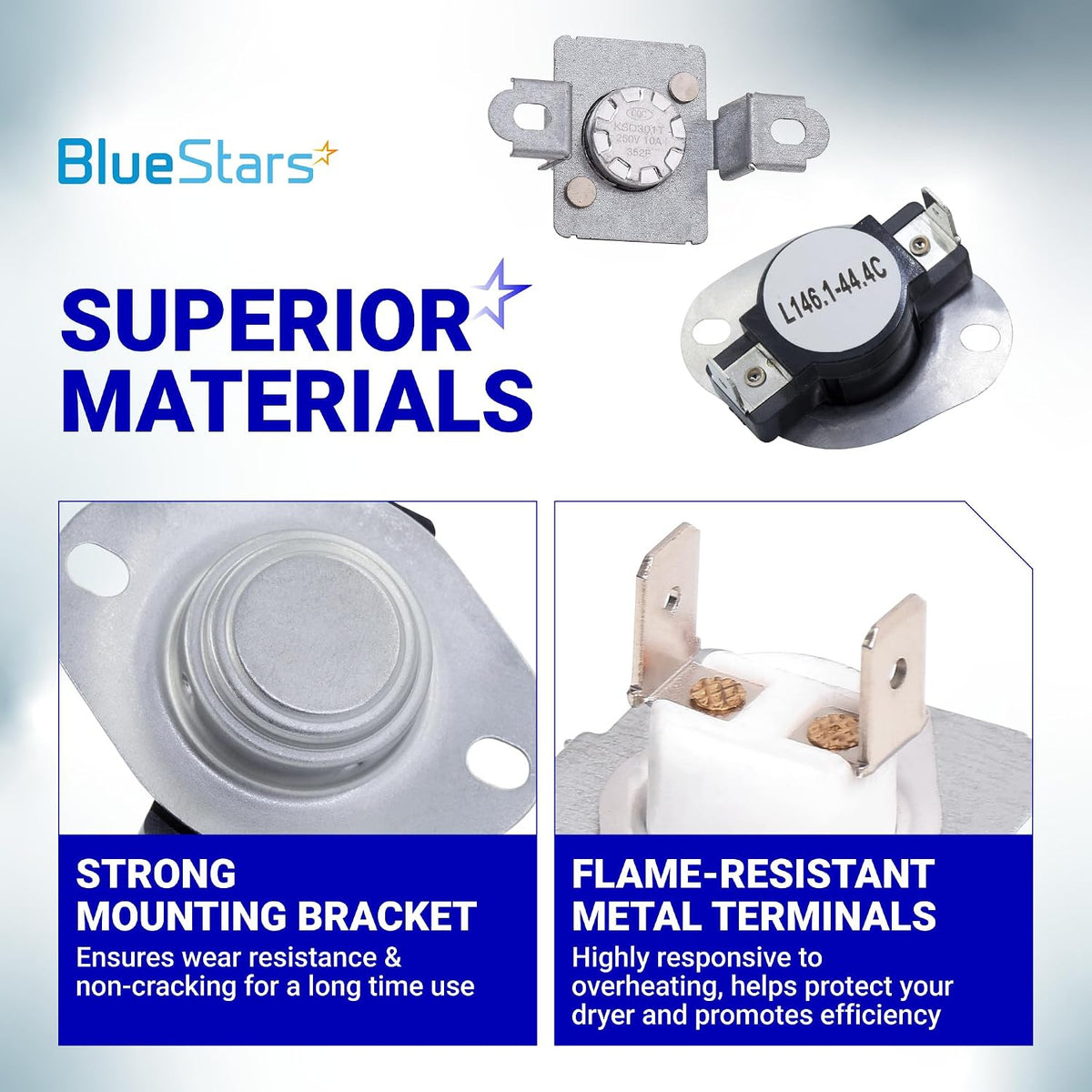 279973 Dryer Thermal Cut-Off Fuse Kit graphic showing strong mounting bracket and flame-resistant metal terminals