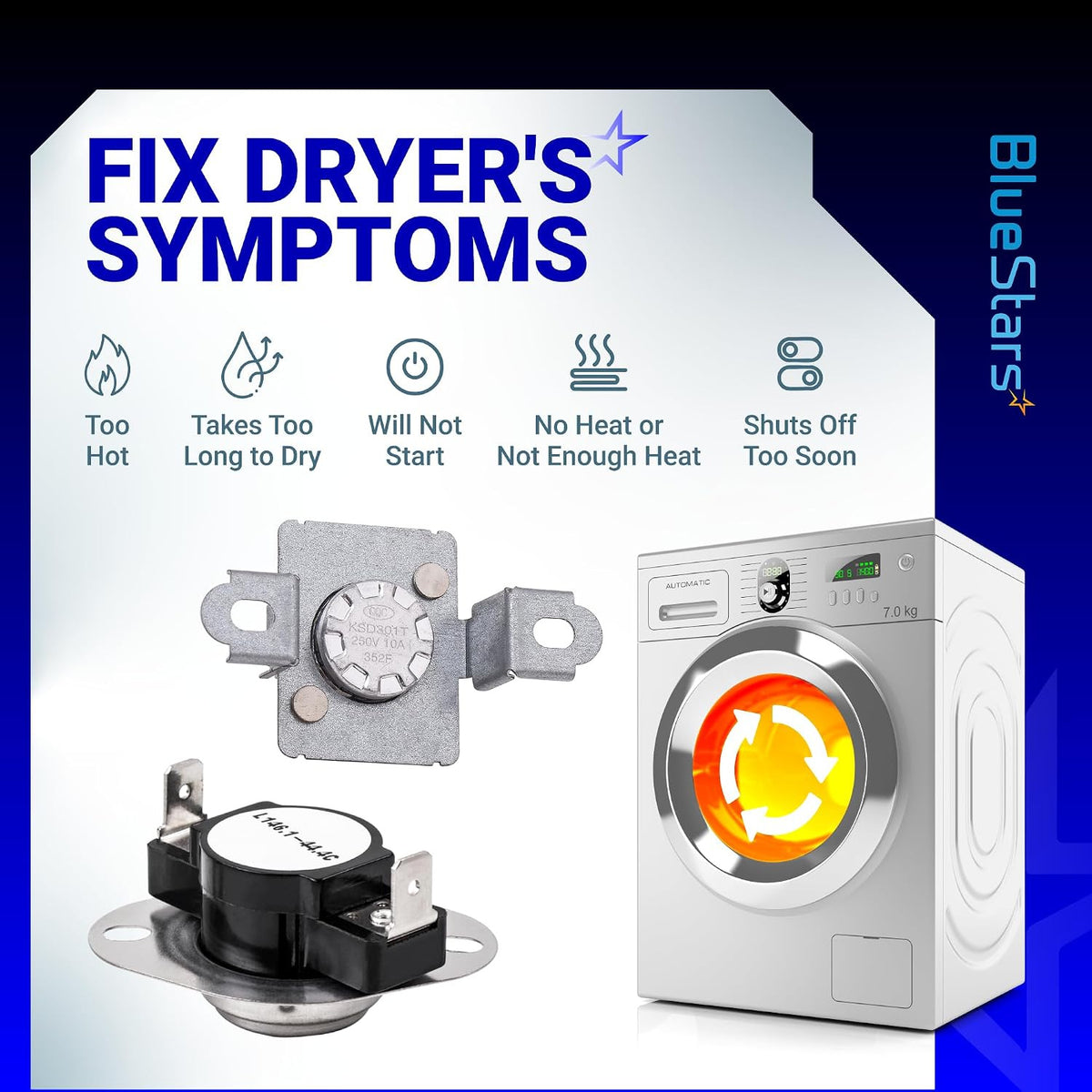 279973 Dryer Thermal Cut-Off Fuse Kit, symptom infographic showing two parts, a dryer, and listed dryer symptoms