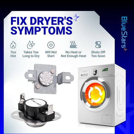 279973 Dryer Thermal Cut-Off Fuse Kit, symptom infographic showing two parts, a dryer, and listed dryer symptoms