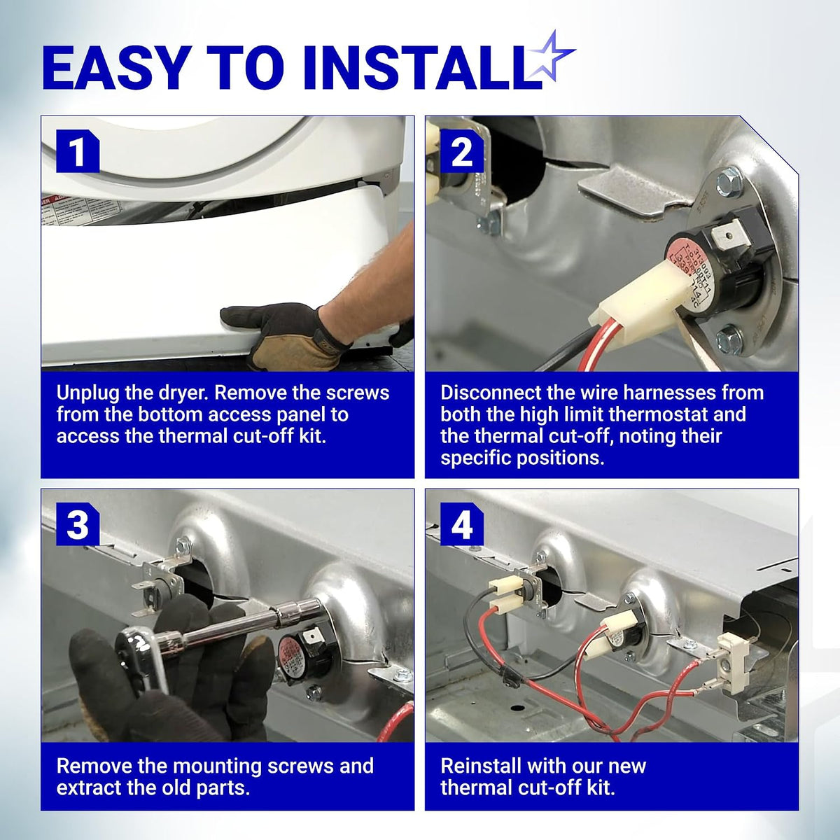 279973 Dryer Thermal Cut-Off Fuse Kit, four-panel installation guide showing removal and replacement steps