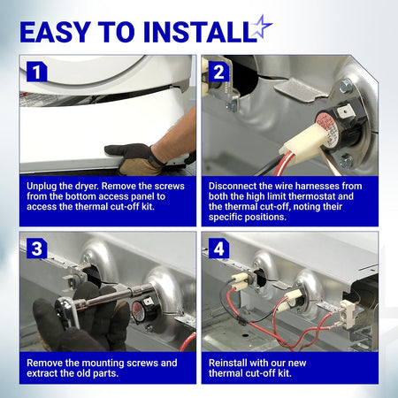 279973 Dryer Thermal Cut-Off Fuse Kit, four-panel installation guide showing removal and replacement steps