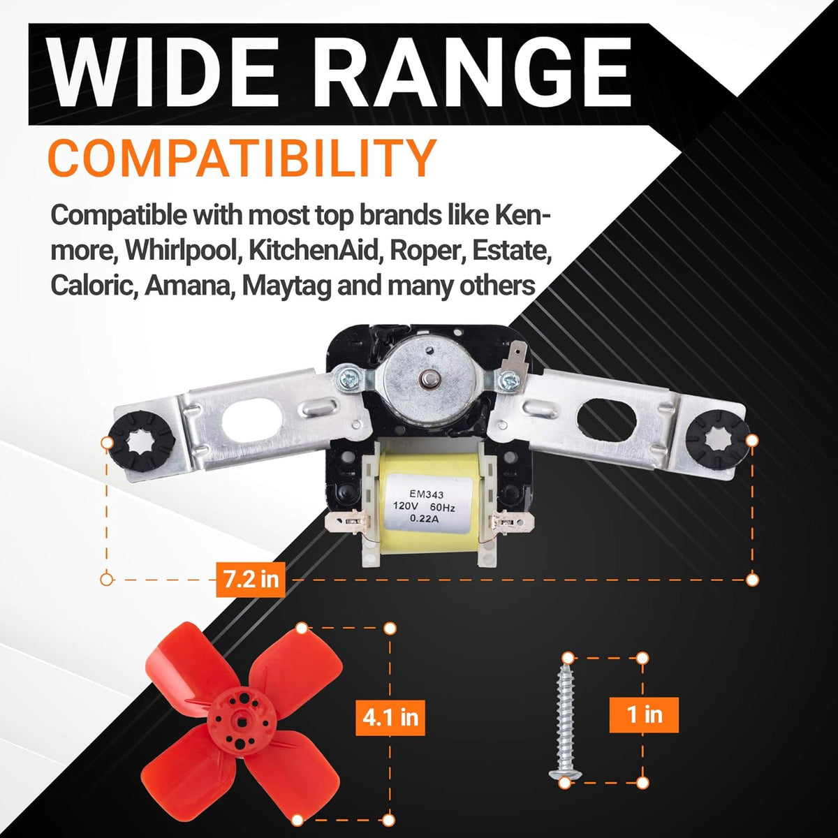 Refrigerator evaporator fan motor kit with dimensions, red fan blade, and mounting screw for Whirlpool and Kenmore.