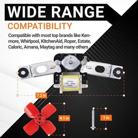 Refrigerator evaporator fan motor kit with dimensions, red fan blade, and mounting screw for Whirlpool and Kenmore.