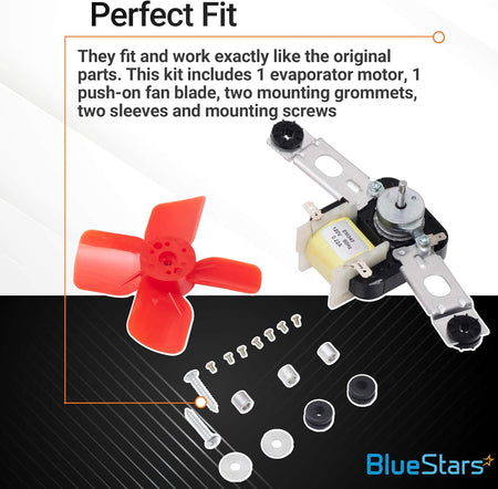 Refrigerator evaporator fan motor kit with fan blade, mounting grommets, sleeves, and screws for Whirlpool and Kenmore.