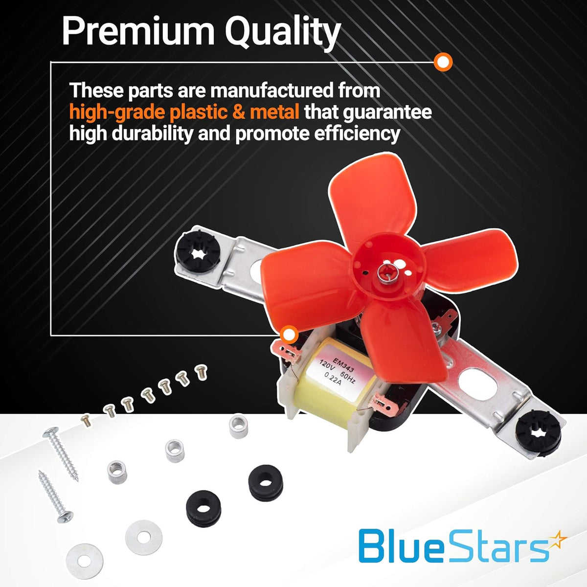 Refrigerator evaporator fan motor kit with orange blade, mounting bracket, and hardware for Whirlpool and Kenmore units.
