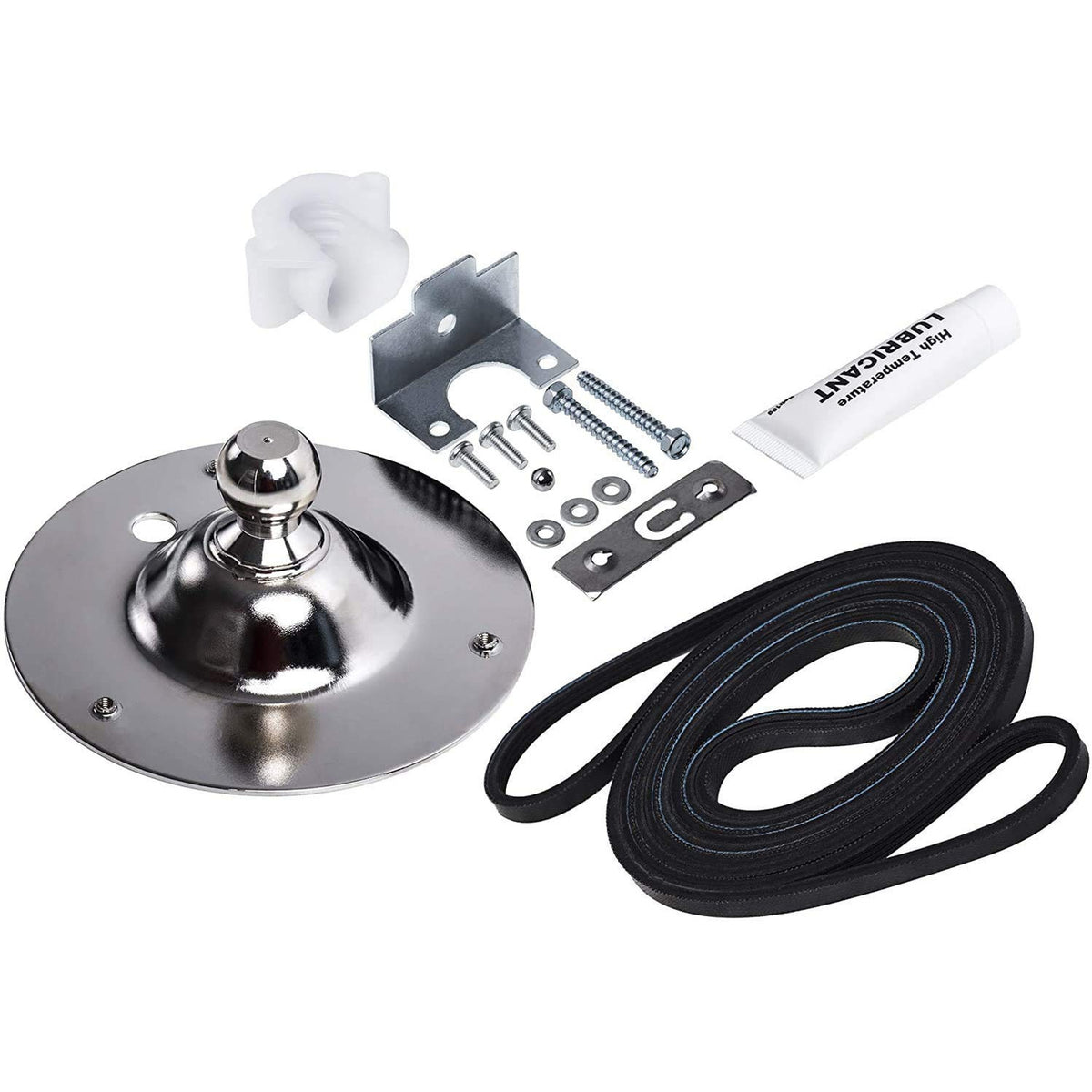 5303281153 & 134503600 Dryer Rear Bearing kit with chrome bearing plate, belt, hardware, nylon piece, and grease tube