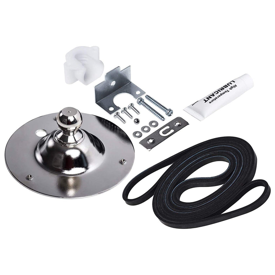 Dryer rear bearing kit with metal housing, drive belt, lubricant, and mounting hardware for Frigidaire and Kenmore dryers.