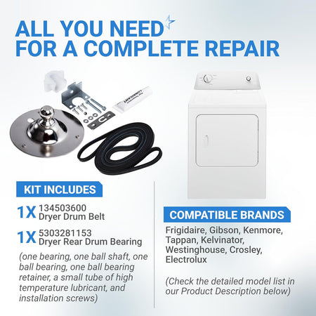 5303281153 & 134503600 Dryer Rear Bearing kit contents with drum belt, bearing parts, lubricant, screws, and dryer