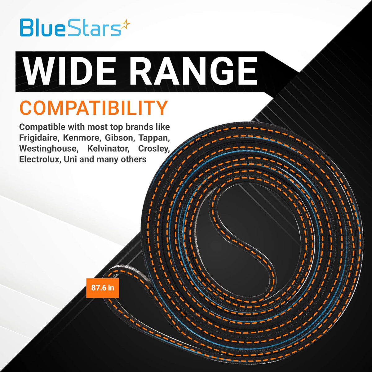 87.6-inch dryer drive belt compatible with Frigidaire and Kenmore dryers, shown in a coiled product graphic.