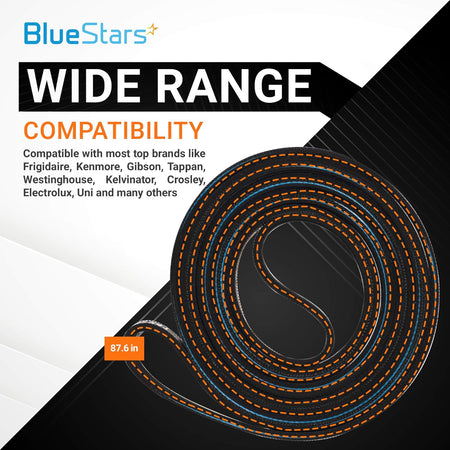 87.6-inch dryer drive belt compatible with Frigidaire and Kenmore dryers, shown in a coiled product graphic.