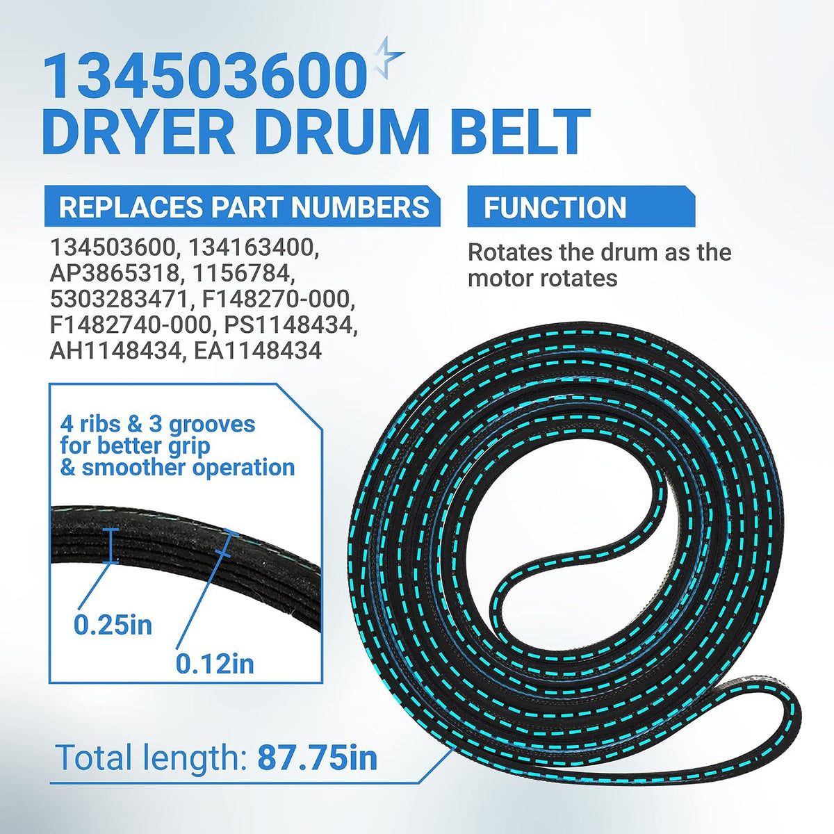 134503600 Dryer rear bearing graphic showing a dryer drum belt with 4 ribs, 3 grooves, and dimensions