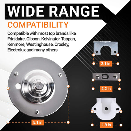 Dryer rear bearing kit components with dimensions for Frigidaire and Kenmore dryers.