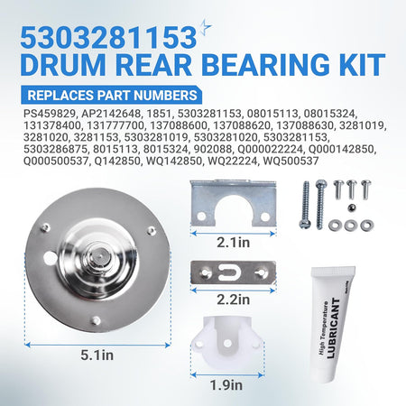 5303281153 & 134503600 Dryer Rear Bearing kit with parts, hardware, lubricant, and dimensions diagram