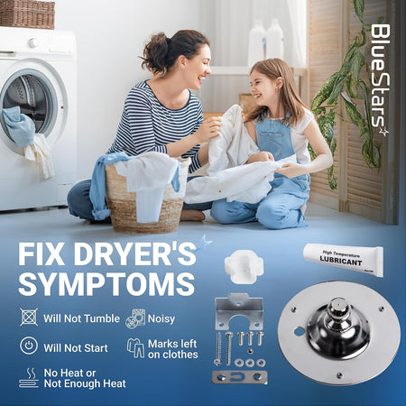 5303281153 & 134503600 Dryer Rear Bearing, symptom graphic with family, dryer, replacement parts, and listed dryer issues