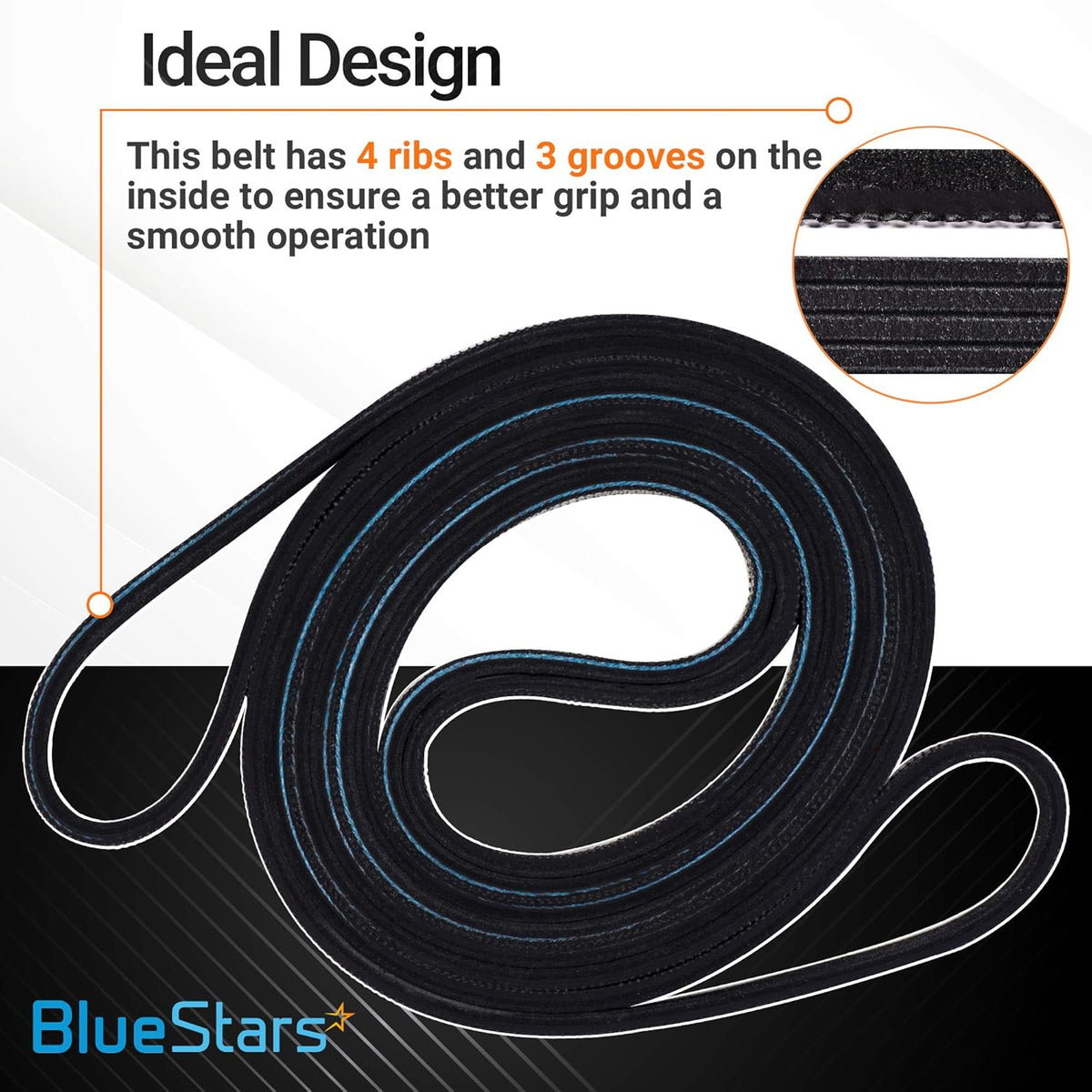 Black dryer drive belt with 4 ribs and 3 grooves for improved grip and smooth operation.