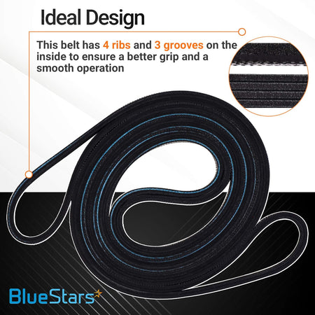 Black dryer drive belt with 4 ribs and 3 grooves for improved grip and smooth operation.