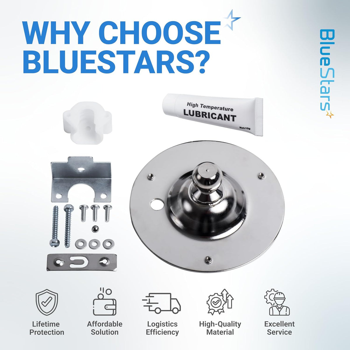 5303281153 & 134503600 Dryer Rear Bearing, kit components with lubricant shown in BlueStars quality graphic