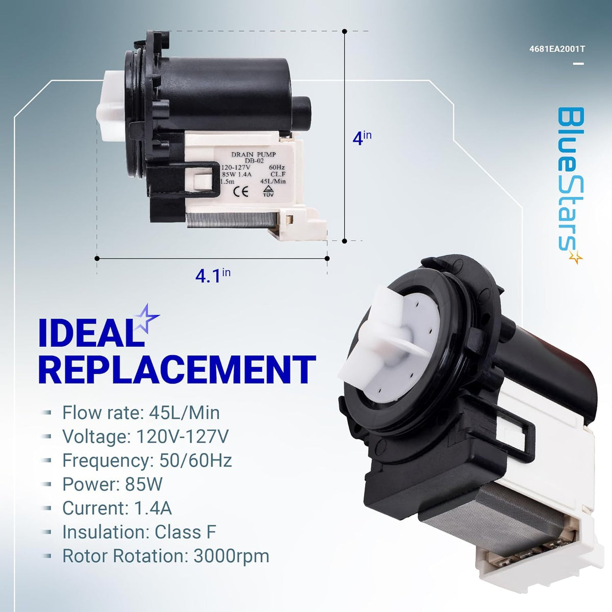 4681EA2001T washer drain pump showing dimensions, technical specifications, and white impeller detail.
