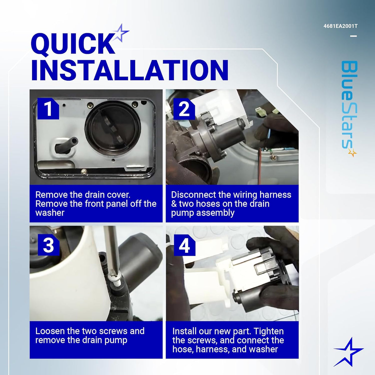 Four-step installation guide for 4681EA2001T washer drain pump replacement.