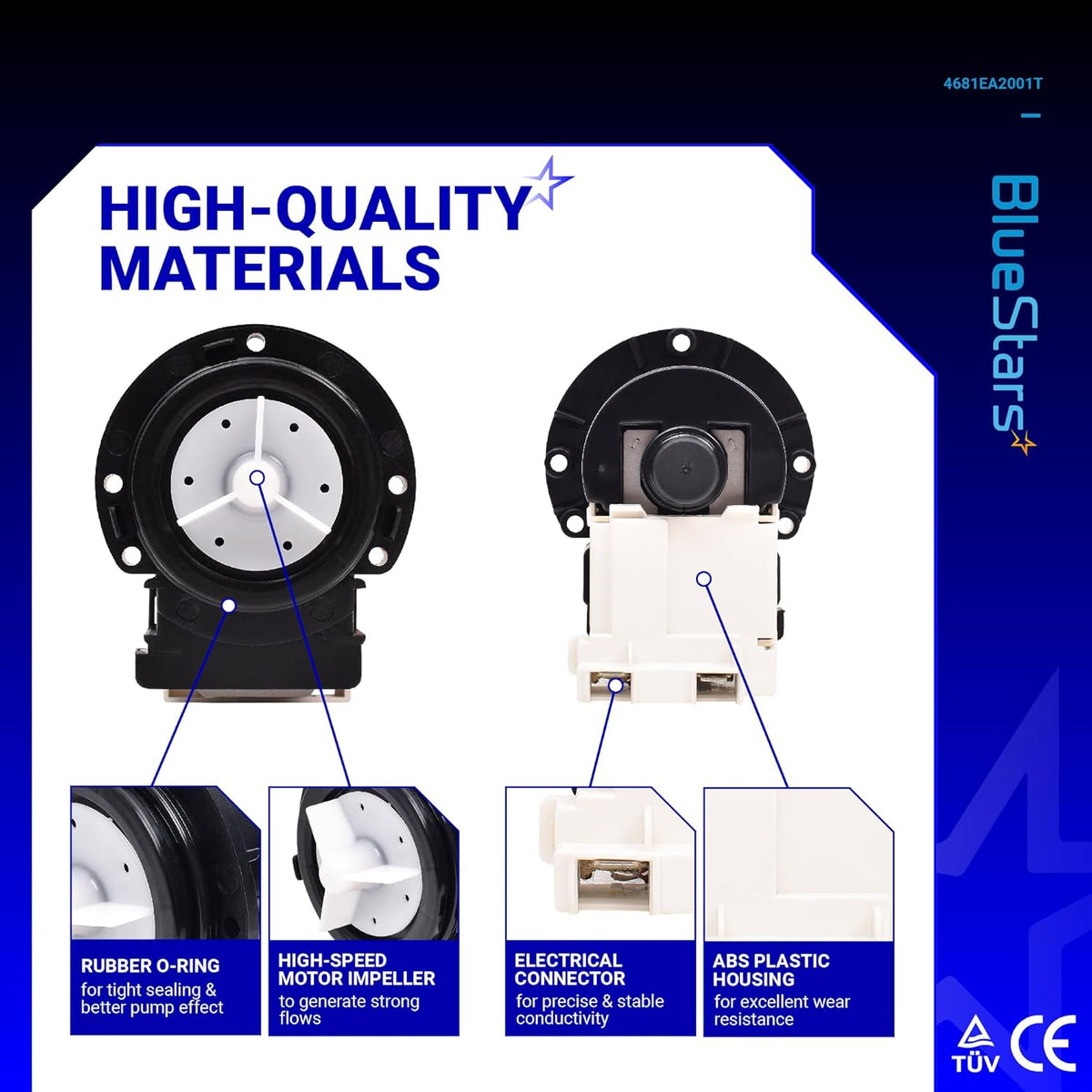 4681EA2001T washer drain pump features, highlighting impeller, rubber O-ring, electrical connector, and ABS housing.