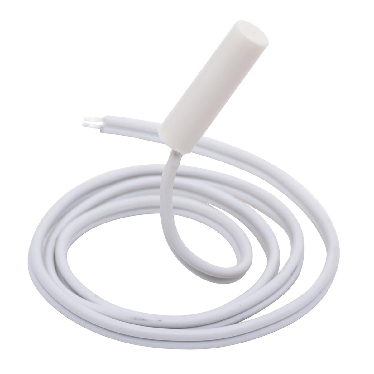 WR55X10025 refrigerator temperature sensor with white wire and connector for GE and Hotpoint refrigerators.