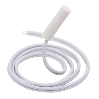 WR55X10025 refrigerator temperature sensor with white wire and connector for GE and Hotpoint refrigerators.