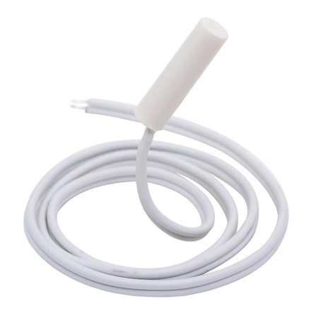 WR55X10025 refrigerator temperature sensor with white wire and connector for GE and Hotpoint refrigerators.
