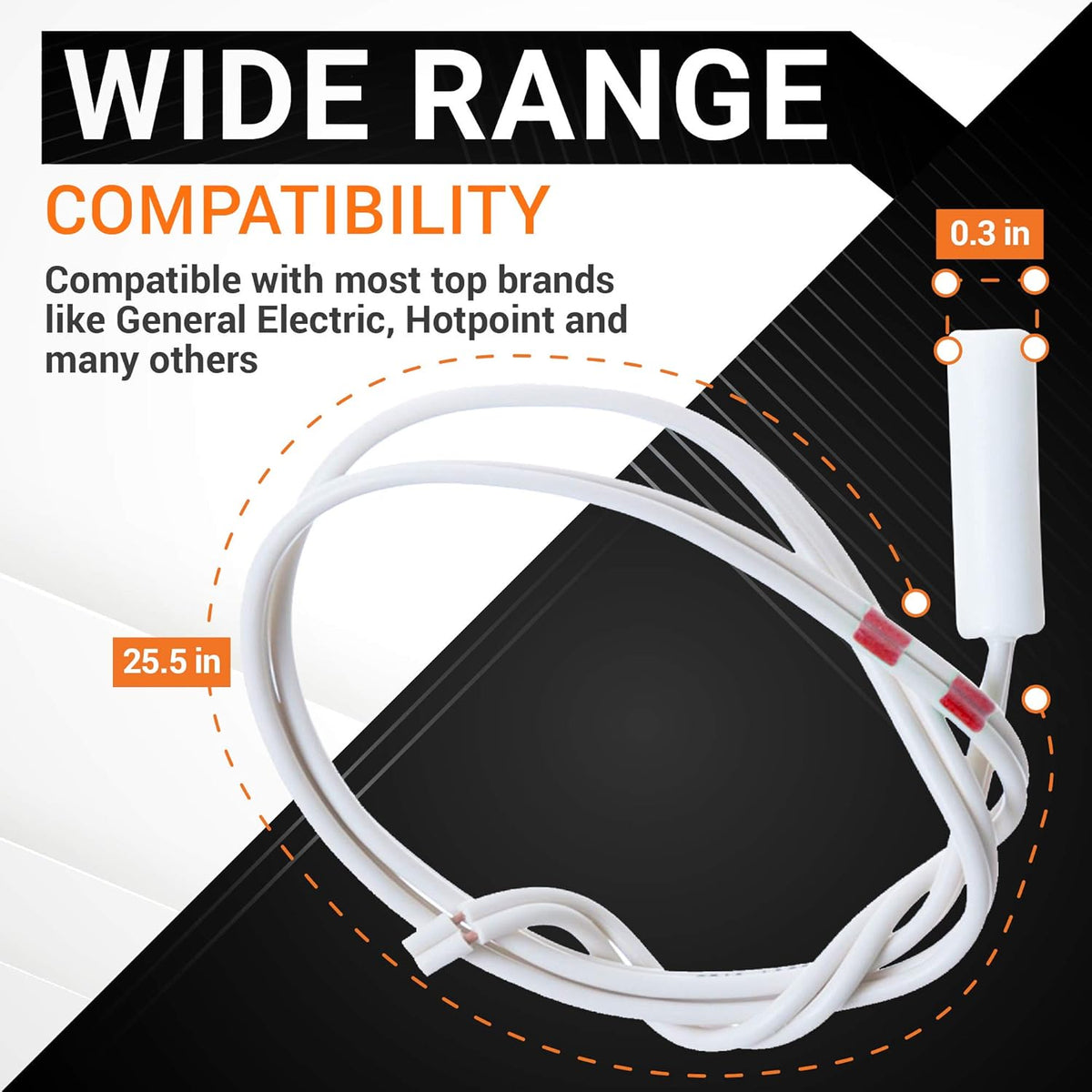 WR55X10025 refrigerator temperature sensor showing 25.5-inch wire length and compatibility for GE and Hotpoint models.