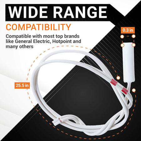 WR55X10025 refrigerator temperature sensor showing 25.5-inch wire length and compatibility for GE and Hotpoint models.