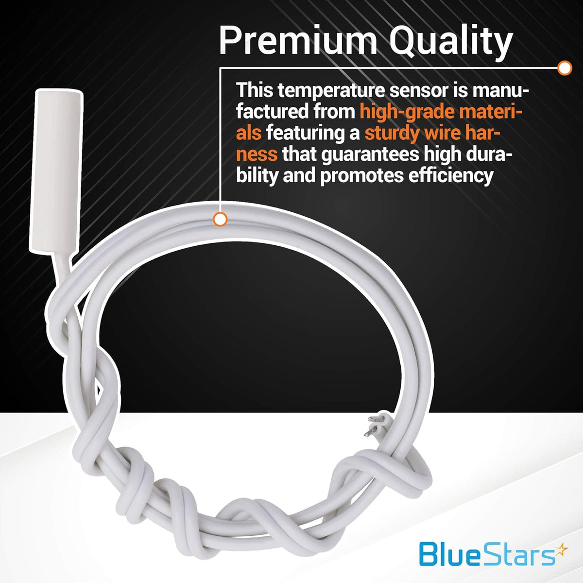 WR55X10025 refrigerator temperature sensor with durable wire harness and premium quality callout graphic.