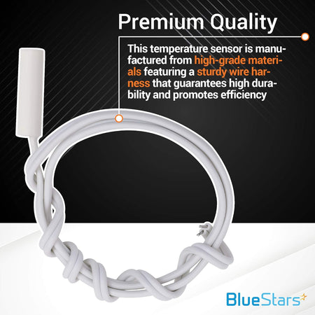 WR55X10025 refrigerator temperature sensor with durable wire harness and premium quality callout graphic.