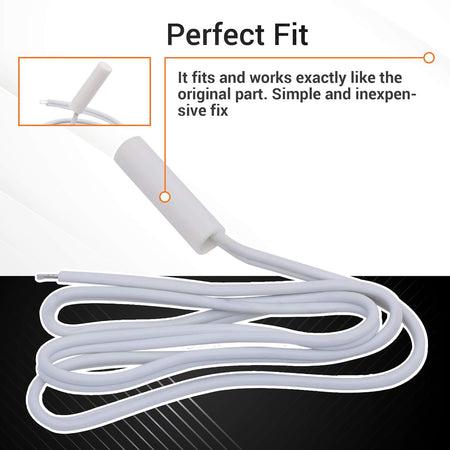 WR55X10025 refrigerator temperature sensor replacement with white wire and connector, infographic style view.