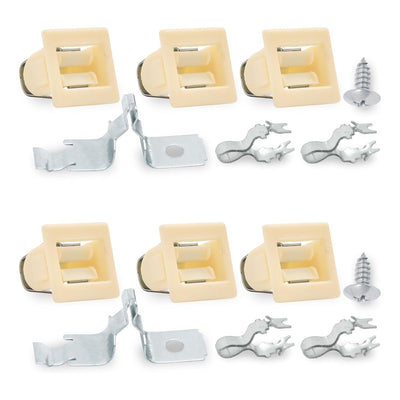 Dryer door latch strike kit components including plastic catches, metal clips, and screws for Whirlpool and GE dryers.