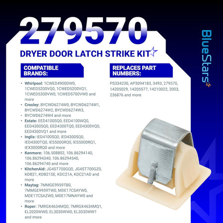 279570 dryer door latch strike replacement part with metal clip and beige plastic base on compatibility info background.