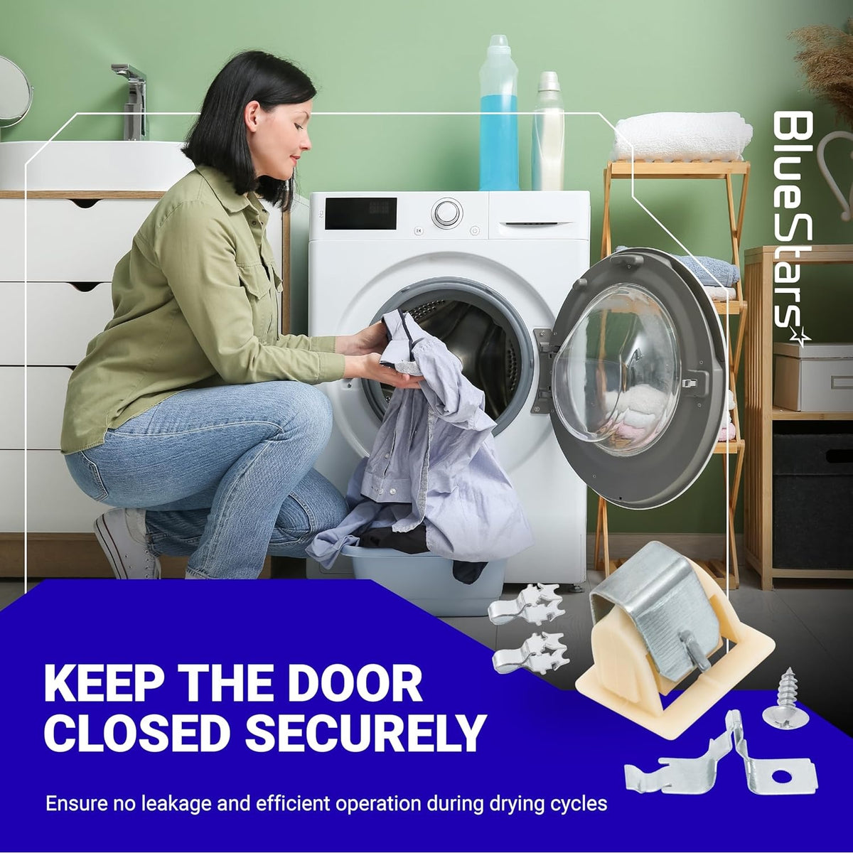 Woman loading a dryer next to a 279570 dryer door latch strike kit with metal and plastic components.