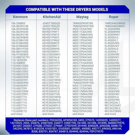 Compatibility chart for 279570 dryer door latch strike kit listing compatible Kenmore, KitchenAid, Maytag, and Roper models.