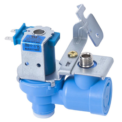 MJX41178908 refrigerator water inlet valve with blue solenoid and mounting bracket for LG and Kenmore refrigerators.