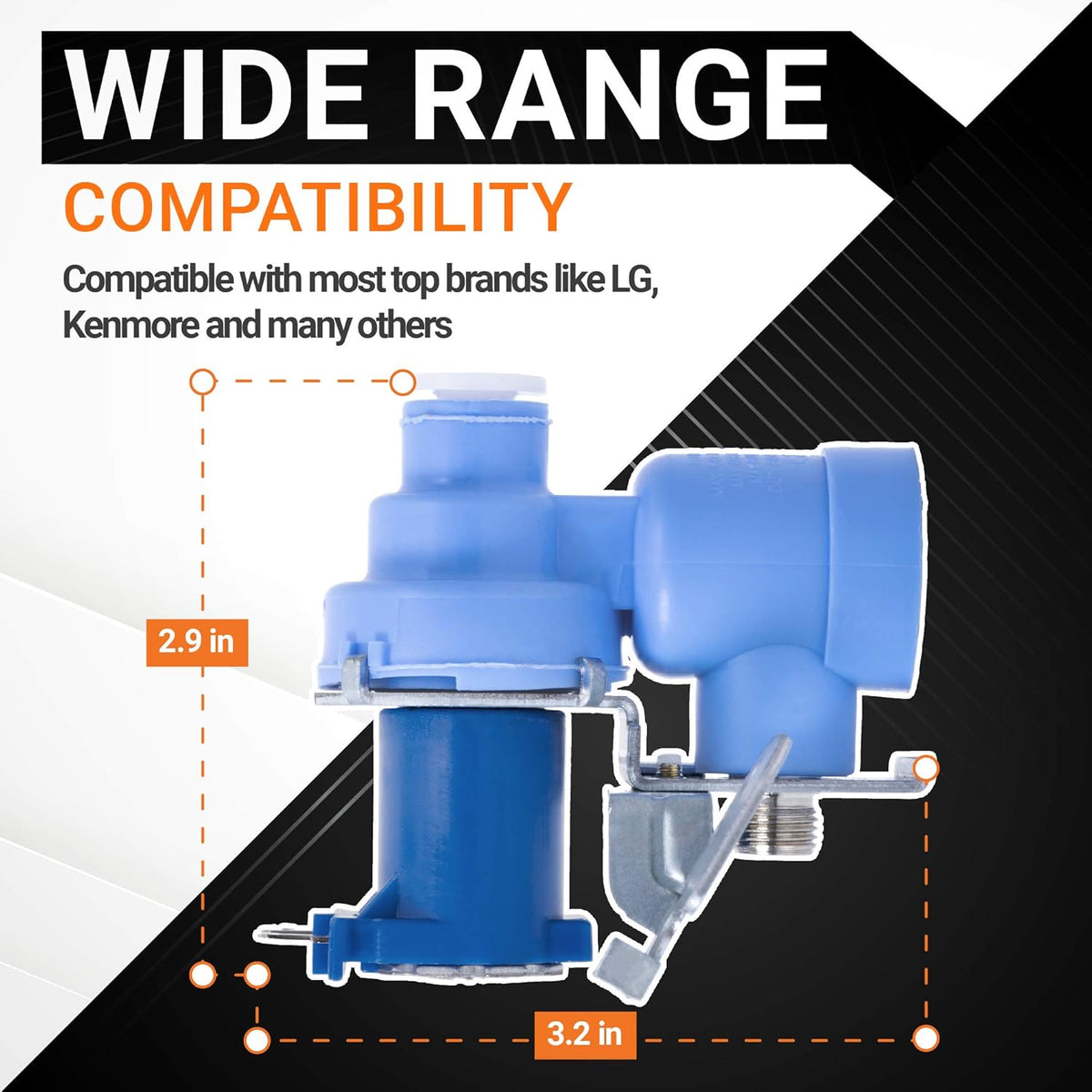 MJX41178908 refrigerator water inlet valve showing dimensions and compatibility for LG and Kenmore refrigerators.