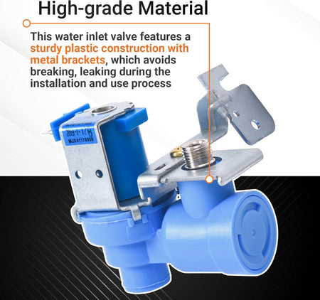 Close-up of MJX41178908 refrigerator water inlet valve showing durable plastic construction and metal mounting brackets.