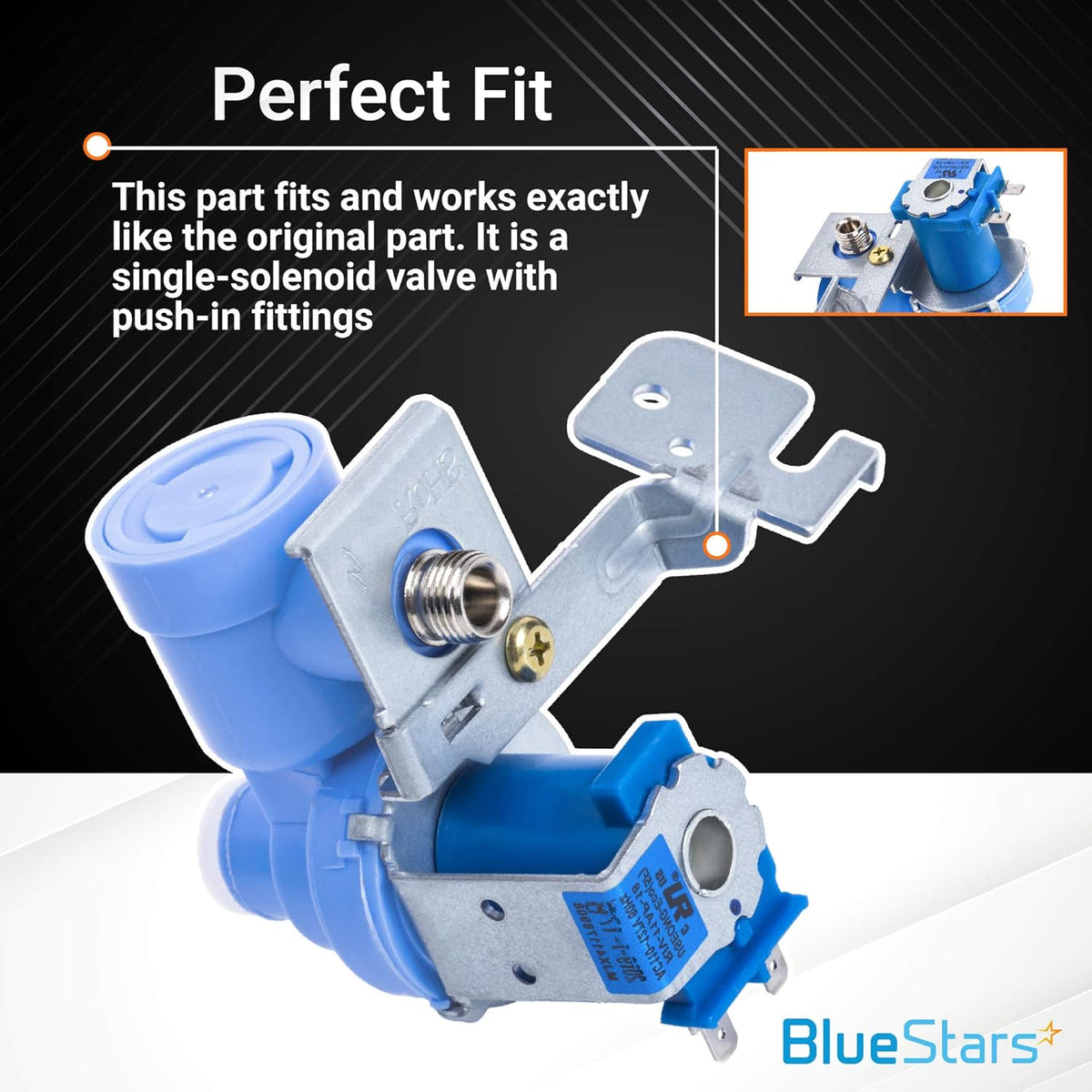 Close-up of MJX41178908 refrigerator water inlet valve with single solenoid and metal mounting bracket.