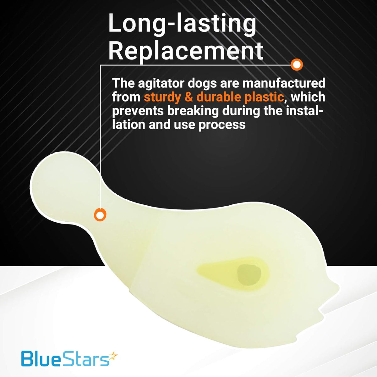 Infographic showing a durable plastic washer agitator dog replacement part for Whirlpool and Kenmore washers.