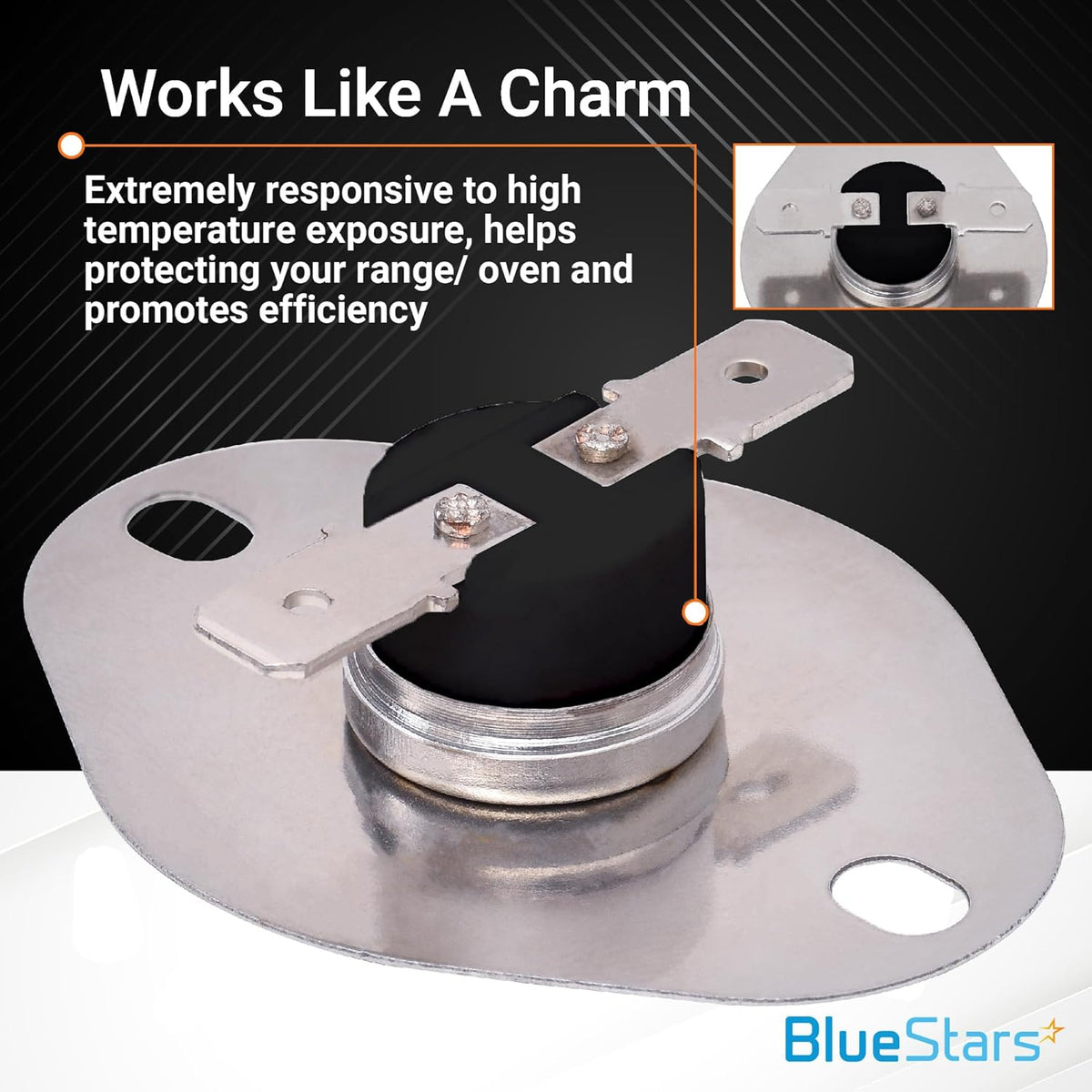 9759242 oven thermal fuse replacement part with mounting plate and electrical terminals for Whirlpool ranges.