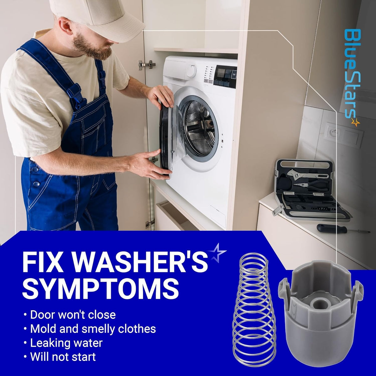 Technician installing AGM73610701 washer magnetic door plunger replacement on an LG washing machine.