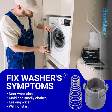 Technician installing AGM73610701 washer magnetic door plunger replacement on an LG washing machine.