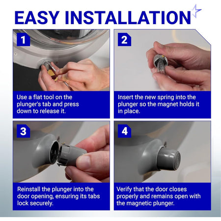 Four-step installation guide for AGM73610701 washer magnetic door plunger replacement.