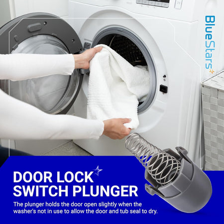 AGM73610701 washer magnetic door plunger replacement shown with a washing machine for context.