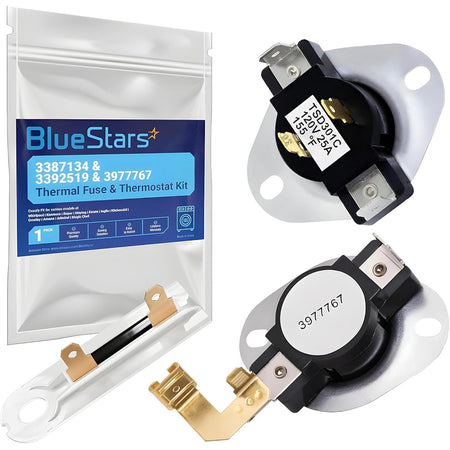 3387134 Cycling Thermostat, 3392519 Thermal Fuse, 3977767 High-Limit Thermostat kit with three parts and BlueStars packaging